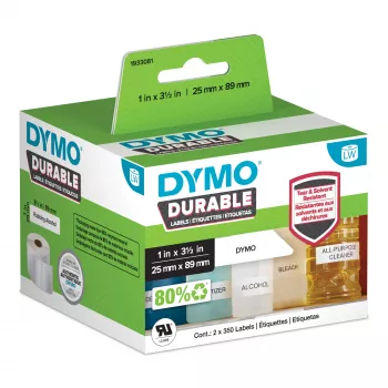 DYMO Originali LabelWriter Patvarios etiketės | 25 mm x 89 mm | Baltas polipropilenas | 2 ritinėliai po 350 (700 lipnių etikečių) | Aukšto našumo | Skirtos LabelWriter etikečių spausdintuvams