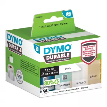DYMO Originali LabelWriter Patvarios Etiketės | 25 mm x 25 mm | Baltas Polipropilenas | 2 Rulonai po 850 (1 700 Lipnių Etikečių) | Didelio Našumo | Skirtos LabelWriter Etikečių Spausdintuvams