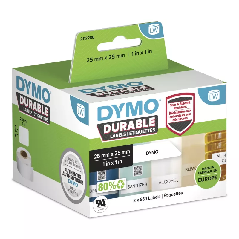 DYMO Originali LabelWriter Patvarios Etiketės | 25 mm x 25 mm | Baltas Polipropilenas | 2 Rulonai po 850 (1 700 Lipnių Etikečių) | Didelio Našumo | Skirtos LabelWriter Etikečių Spausdintuvams