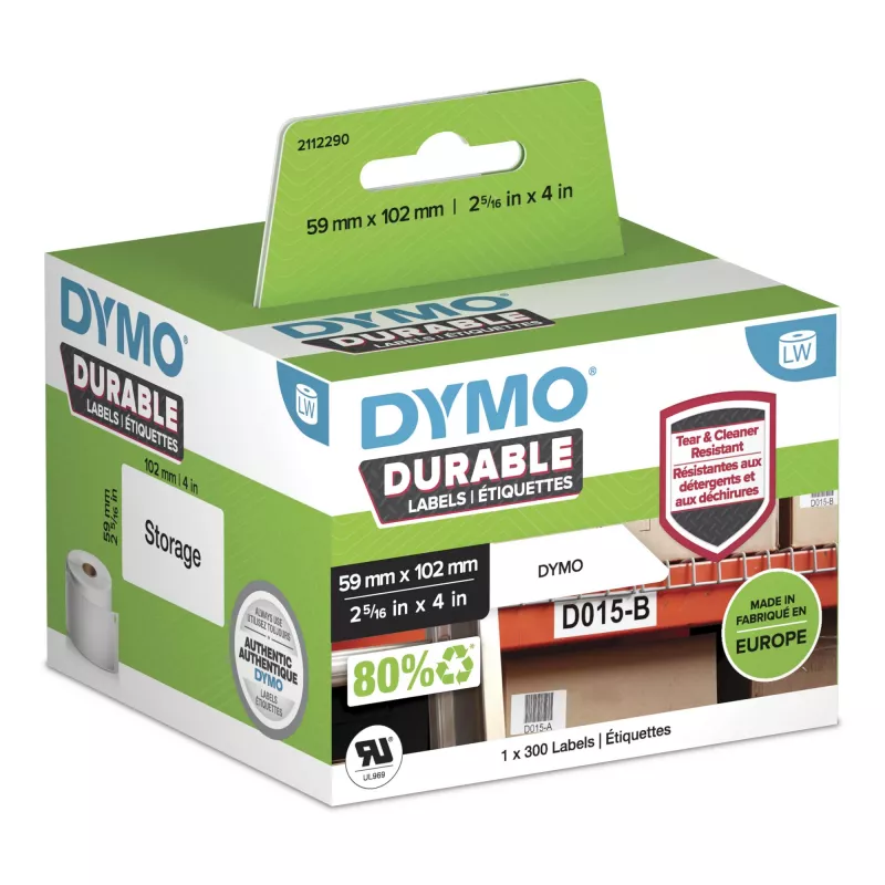 DYMO Originali LabelWriter patvarios etiketės | 59 mm x 102 mm | baltas polipropilenas | 300 lipnių etikečių | didelio našumo | skirtos LabelWriter etikečių spausdintuvams