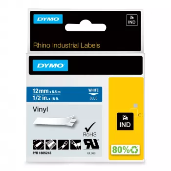 DYMO Rhino pramoninės vinilo etiketės | 12 mm x 5.5 m | Balta spauda mėlyname fone | Lipnios | skirtos LabelManager ir Rhino etikečių gaminimo prietaisams