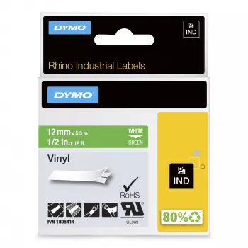 DYMO Rhino pramoninės vinilo etiketės | 12 mm x 5,5 m | Balta spauda ant žalios | Lipnios | skirtos Rhino ir LabelManager etikečių spausdintuvams