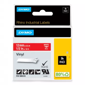 DYMO Rhino pramoninės vinilo etiketės | 12 mm x 5,5 m | Balta spauda ant raudono | Lipnios | skirtos LabelManager ir Rhino etikečių gamintojams