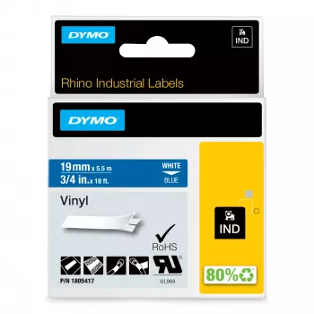 DYMO Rhino pramoninės vinilinės etiketės | 19 mm x 5,5 m | Balta spauda mėlyname fone | Lipnios | skirtos LabelManager ir Rhino etikečių gamybos įrenginiams