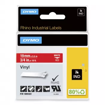 DYMO Rhino pramoninės vinilo etiketės | 19 mm x 5,5 m | Balta spauda ant raudonos | Lipnios | skirtos Rhino ir LabelManager etikečių spausdintuvams