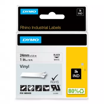 DYMO Rhino pramoninės vinilo etiketės | 24 mm x 5,5 m | juoda spauda ant balto | lipnios | skirtos „LabelManager“ ir „Rhino“ etikečių spausdintuvams