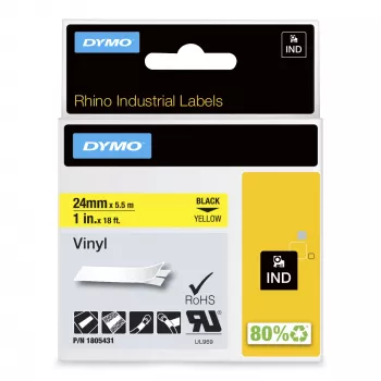 DYMO Rhino pramoninės vinilo etiketės | 24 mm x 5,5 m | juodas spaudinys ant geltonos | lipnios | skirtos LabelManager ir Rhino etikečių spausdintuvams
