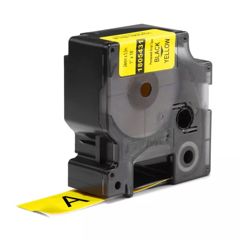 DYMO Rhino pramoninės vinilo etiketės | 24 mm x 5,5 m | juodas spaudinys ant geltonos | lipnios | skirtos LabelManager ir Rhino etikečių spausdintuvams