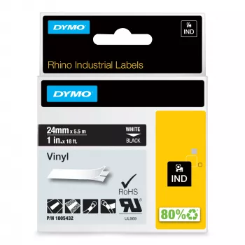 DYMO Rhino pramoninės vinilo etiketės | 24 mm x 5,5 m | Baltas spausdinimas ant juodo paviršiaus | Lipnios | skirtos LabelManager ir Rhino etikečių gamintojams