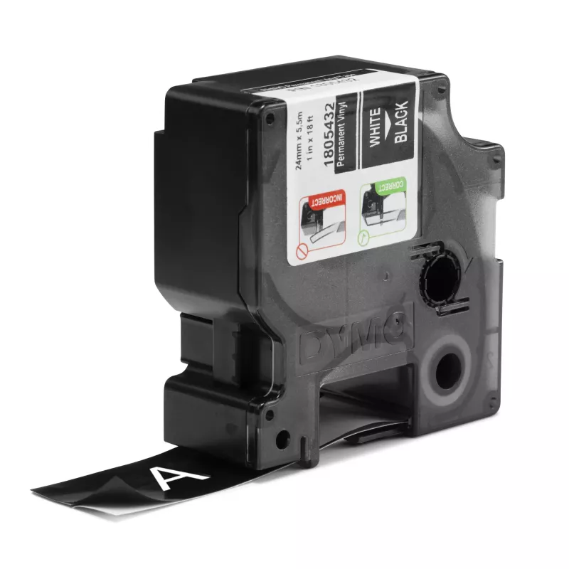 DYMO Rhino pramoninės vinilo etiketės | 24 mm x 5,5 m | Baltas spausdinimas ant juodo paviršiaus | Lipnios | skirtos LabelManager ir Rhino etikečių gamintojams