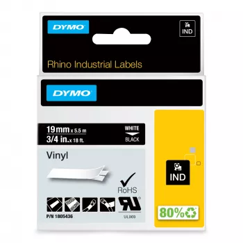 DYMO Rhino pramoninės vinilo etiketės | 19 mm x 5,5 m | Baltas spaudinys ant juodo | Lipnios | skirtos LabelManager ir Rhino etikečių gamintojams