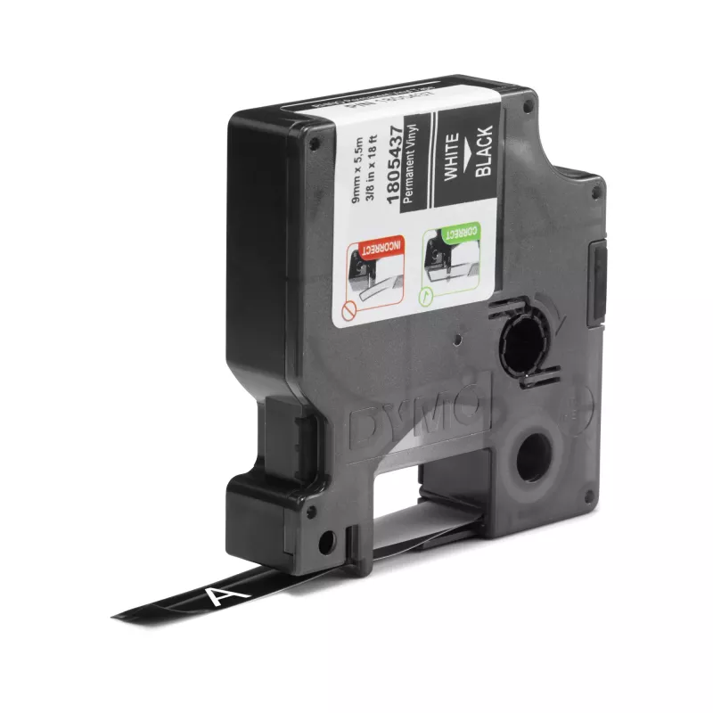 DYMO Rhino pramoninės vinilinės etiketės | 9 mm x 5,5 m | Balta spauda ant juodo | Lipnios | skirtos LabelManager ir Rhino etikečių spausdintuvams