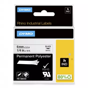 DYMO Rhino pramoninės nuolatinės poliesterio etiketės | 6 mm x 5,5 m | Juodas spaudinys ant balto | Lipnios | skirtos Rhino ir LabelManager etikečių spausdintuvams