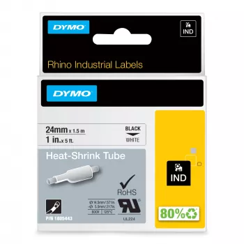 DYMO Rhino pramoninės termiškai susitraukiančios kabelių žymėjimo vamzdelės | 24 mm x 1,5 m | Juodas spausdinimas ant baltos | Lipnios | skirtos Rhino žymekliams