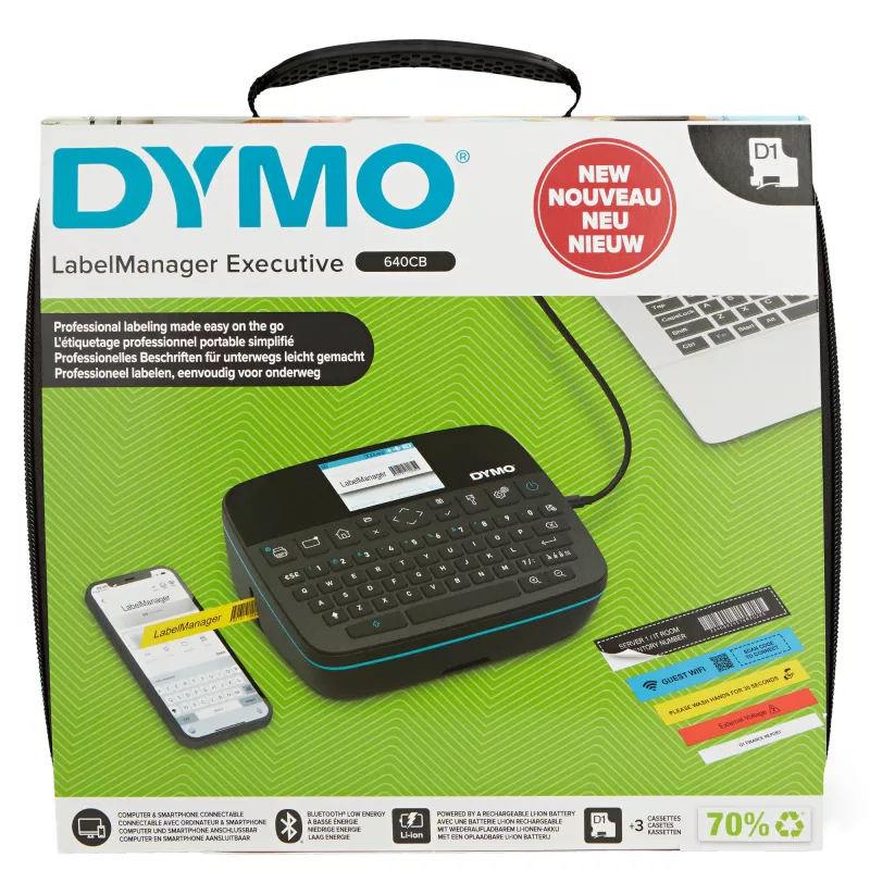 DYMO LabelManager Executive 640 CB nešiojamas etikečių spausdintuvo rinkinys su dėklu ir 3 etikečių kasetėmis | Kompaktiškas QWERTY etikečių rašytuvas | „Bluetooth“ ir USB jungiamumas | Suderinamas su D1 etiketėmis