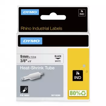 DYMO Rhino pramoninės termiškai susitraukiančios kabelių žymėjimo juostos | 9 mm x 1,5 m | Juoda spauda baltame fone | skirtos Rhino žymekliams