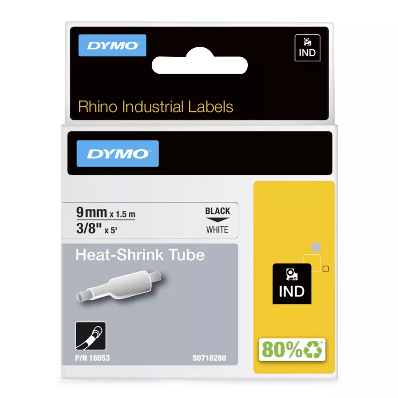 DYMO Rhino pramoninės termiškai susitraukiančios kabelių žymėjimo juostos | 9 mm x 1,5 m | Juoda spauda baltame fone | skirtos Rhino žymekliams