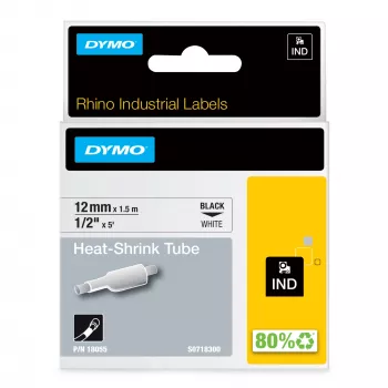 DYMO Rhino pramoninės termiškai susitraukiančios kabelių žymėjimo vamzdeliai | 12 mm x 1,5 m | Juodas spausdinimas ant balto | skirta Rhino žymekliams