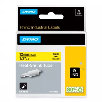 DYMO Rhino pramoninės šilumos susitraukiančios kabelių žymėjimo vamzdelės | 12 mm x 1,5 m | Juodas spausdinimas ant geltono | skirtos Rhino žymėjimo įrenginiams