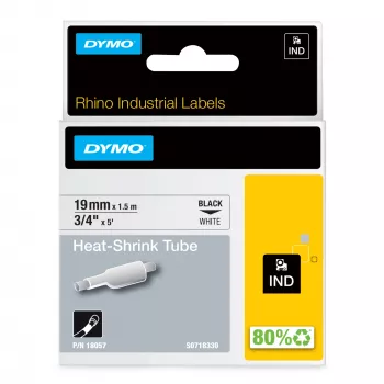 DYMO Rhino pramoninės termiškai susitraukiančios kabelių žymėjimo vamzdelės | 19 mm x 1,5 m | juodas spaudinys ant baltos spalvos | lipnios | skirtos Rhino žymekliams