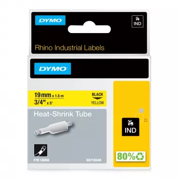 DYMO Rhino Industrial Heat-Shrink Cable Label Tubes | 19 mm x 1,5 m | Juoda spauda ant geltonos | Skirta Rhino ženklinimo įrenginiams