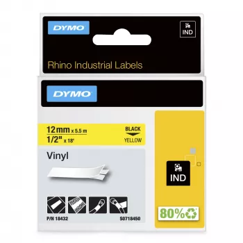 DYMO Rhino pramoninės vinilo etiketės | 12 mm x 5,5 m | Juodas spaudinys geltoname fone | Lipnios | skirtos Rhino ir LabelManager ženklinimo įrenginiams