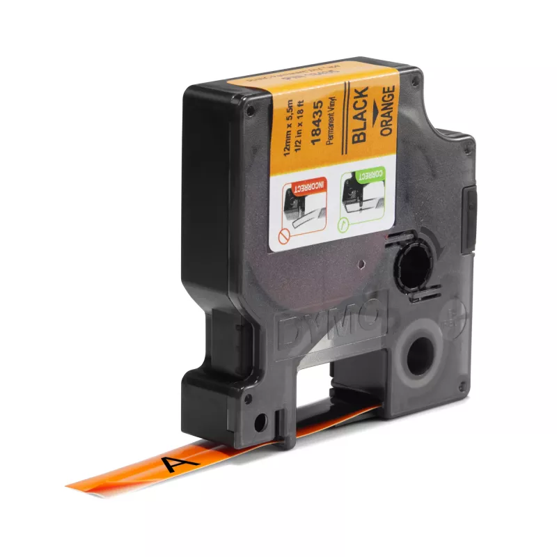 DYMO Rhino pramoninės vinilo etiketės | 12 mm x 5,5 m | juodas spausdinimas ant oranžinės | lipnios | skirtos Rhino ir LabelManager etikečių spausdintuvams