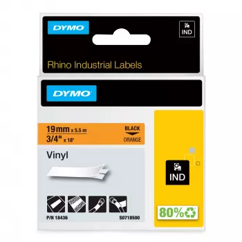 DYMO Rhino pramoninės vinilinės etiketės | 19 mm x 5,5 m | Juodas spausdinimas ant oranžinės | Lipnios | skirtos Rhino ir LabelManager etikečių gamintojams