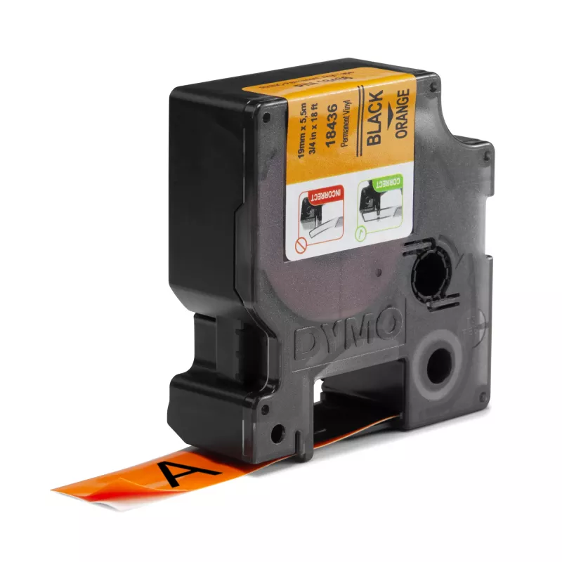 DYMO Rhino pramoninės vinilinės etiketės | 19 mm x 5,5 m | Juodas spausdinimas ant oranžinės | Lipnios | skirtos Rhino ir LabelManager etikečių gamintojams