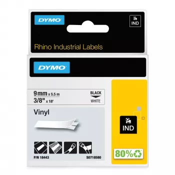 DYMO Rhino pramoninės vinilo etiketės | 9 mm x 5,5 m | Juodas spausdinimas ant baltos | Lipnios | skirtos Rhino ir LabelManager etikečių gamintojams