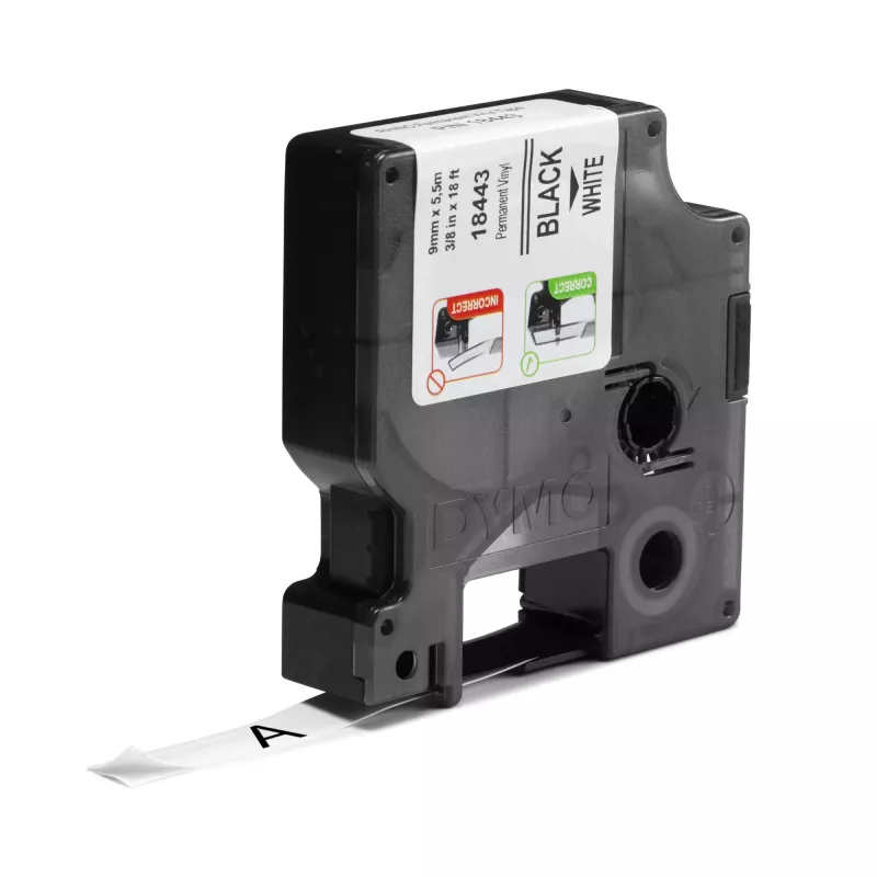 DYMO Rhino pramoninės vinilo etiketės | 9 mm x 5,5 m | Juodas spausdinimas ant baltos | Lipnios | skirtos Rhino ir LabelManager etikečių gamintojams
