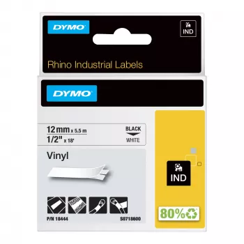 DYMO Rhino pramoninės vinilo etiketės | 12 mm x 5,5 m | Juodas spaudinys ant baltos | Lipnios | skirtos „Rhino“ ir „LabelManager“ etikečių spausdintuvams
