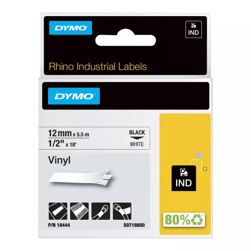 DYMO Rhino pramoninės vinilo etiketės | 12 mm x 5,5 m | Juodas spaudinys ant baltos | Lipnios | skirtos „Rhino“ ir „LabelManager“ etikečių spausdintuvams