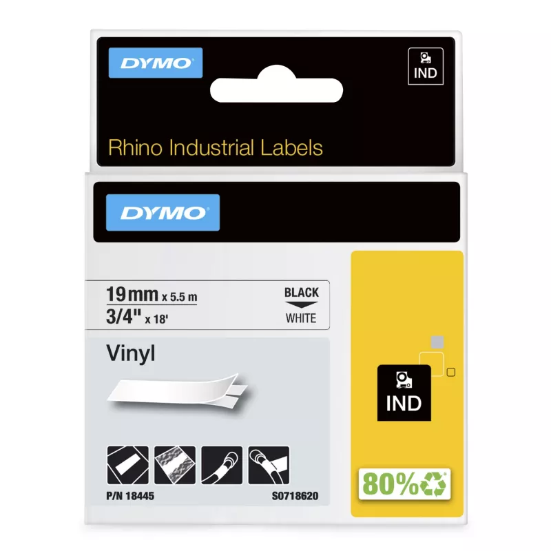 DYMO Rhino pramoninės vinilo etiketės | 19 mm x 5,5 m | Juodas spausdinimas ant balto | Lipnios | skirtos Rhino ir LabelManager etikečių spausdintuvams