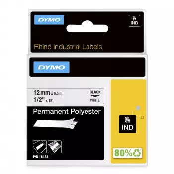 DYMO Rhino pramoninės nuolatinės poliesterinės etiketės | 12 mm x 5,5 m | Juodas spausdinimas ant baltos | Lipnios | skirtos Rhino ir LabelManager etikečių gamybos prietaisams