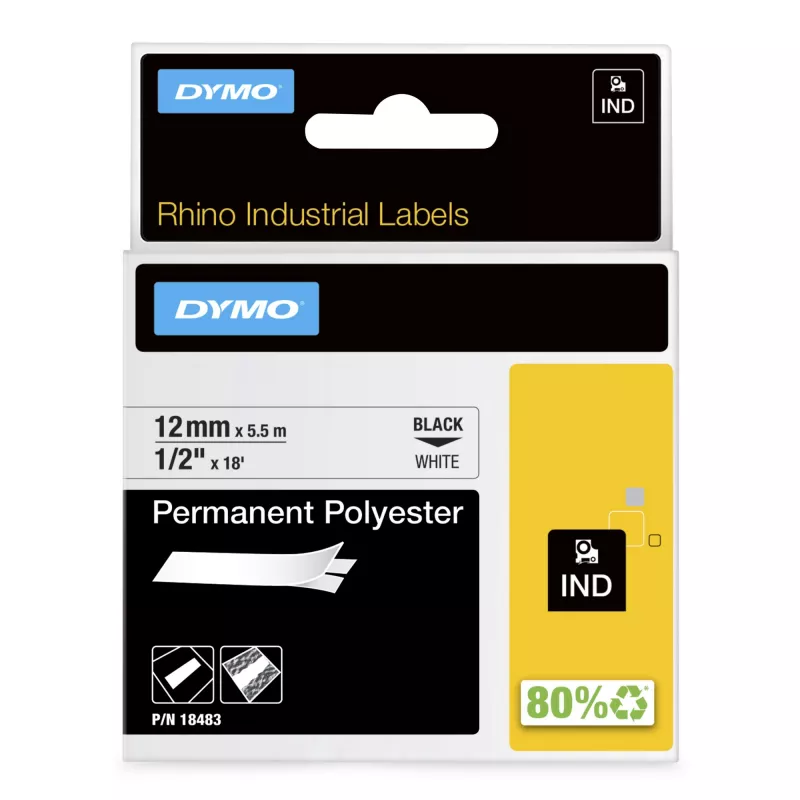 DYMO Rhino pramoninės nuolatinės poliesterinės etiketės | 12 mm x 5,5 m | Juodas spausdinimas ant baltos | Lipnios | skirtos Rhino ir LabelManager etikečių gamybos prietaisams