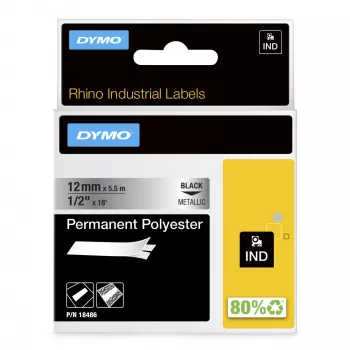 DYMO Rhino Industrial nuolatinės poliesterio etiketės | 12 mm x 5,5 m | juodas spausdinimas ant metalinio paviršiaus | skirtos Rhino ir LabelManager etikečių klijavimo įrenginiams