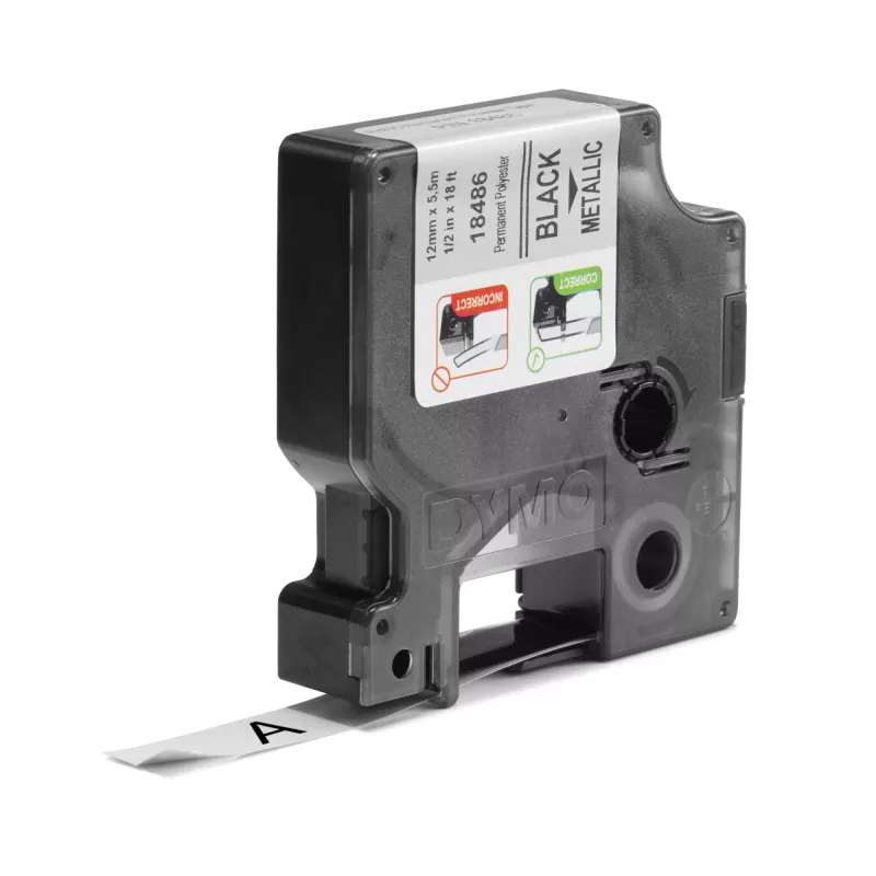 DYMO Rhino Industrial nuolatinės poliesterio etiketės | 12 mm x 5,5 m | juodas spausdinimas ant metalinio paviršiaus | skirtos Rhino ir LabelManager etikečių klijavimo įrenginiams