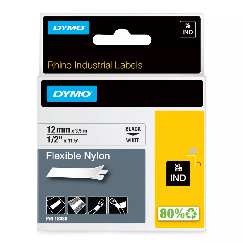 DYMO Rhino pramoninės lanksčios nailoninės etiketės | 12 mm x 3,5 m | Juodas spausdinimas ant balto | Lipnios | skirtos Rhino ir LabelManager etikečių spausdintuvams