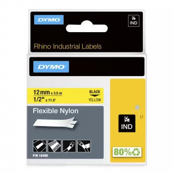 DYMO Rhino pramoninės lanksčios nailono etiketės | 12 mm x 3,5 m | Juodas spaudinys ant geltono fono | Lipnios | skirtos Rhino ir LabelManager etikečių kūrimo įrenginiams