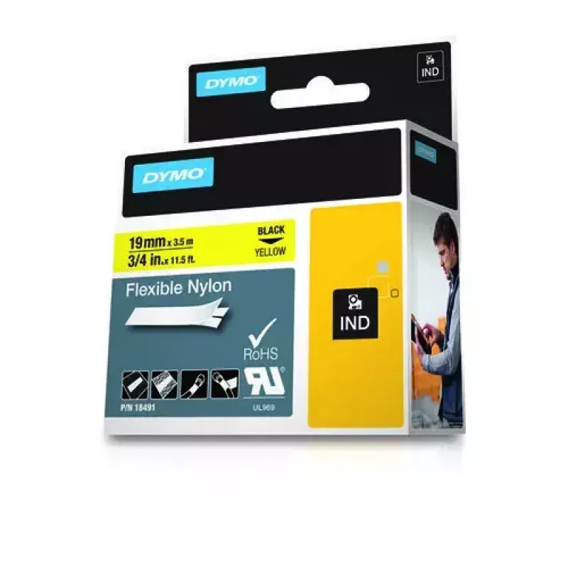 DYMO Rhino Industrial Flexible Nylon Labels | 19 mm x 3.5 m | Juoda Print on Geltona | Self-Adhesive | for Rhino & LabelManager Label Makers