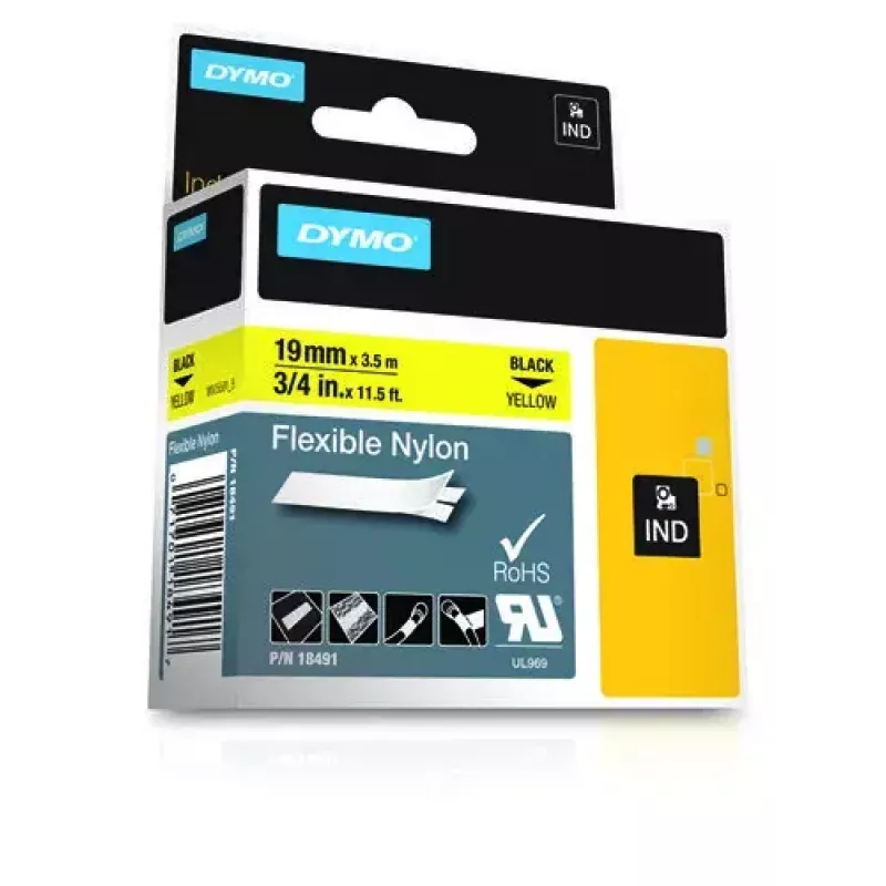 DYMO Rhino Industrial Flexible Nylon Labels | 19 mm x 3.5 m | Juoda Print on Geltona | Self-Adhesive | for Rhino & LabelManager Label Makers