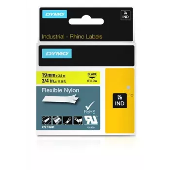 DYMO Rhino Industrial Flexible Nylon Labels | 19 mm x 3.5 m | Juoda Print on Geltona | Self-Adhesive | for Rhino & LabelManager Label Makers