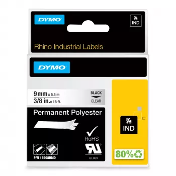 DYMO Rhino pramoninės ilgalaikės poliesterio etiketės | 9 mm x 5,5 m | juoda spauda ant skaidrios | lipnios | skirtos „LabelManager“ ir „Rhino“ etikečių spausdintuvams