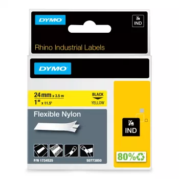 DYMO Rhino pramoninės lanksčios nailoninės etiketės | 24 mm x 3,5 m | Juoda spauda ant geltono | Lipnios | skirtos Rhino ir LabelManager ženklinimo įrenginiams