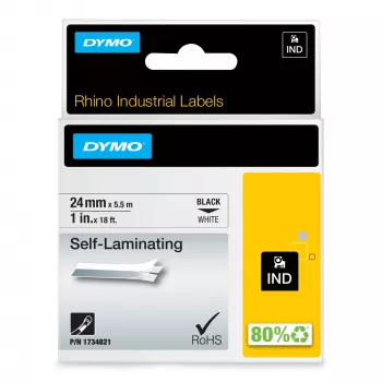 DYMO Rhino pramoninės savaime laminuojančios etiketės | 24 mm x 5,5 m | Balta ant juodo | skirta Rhino etikečių spausdintuvams