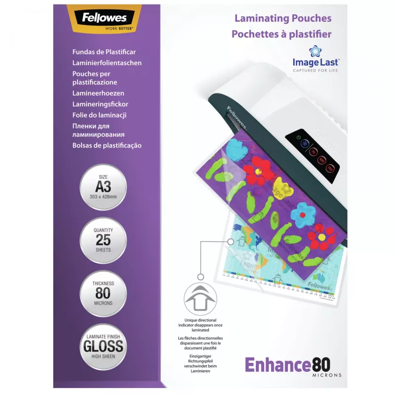Fellowes ImageLast A3 80 Mikronų Laminavimo Plėvelė - 25 vnt., Blizgi, Skaidri, A3, 0,08 mm, 430 mm, 1 mm