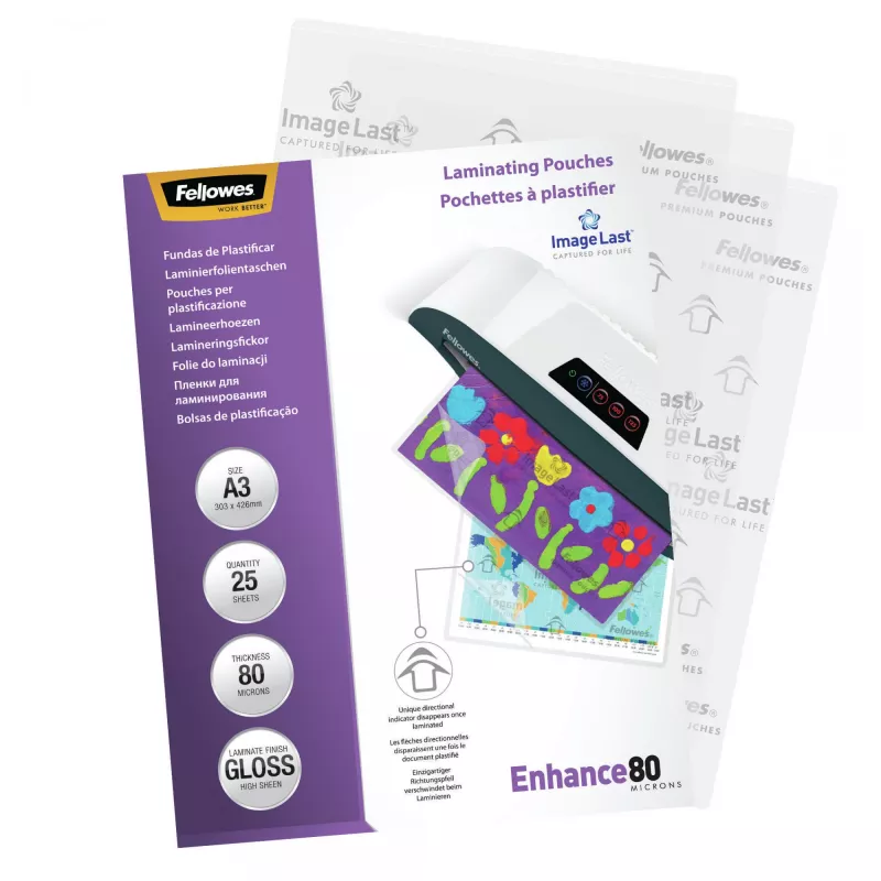 Fellowes ImageLast A3 80 Mikronų Laminavimo Plėvelė - 25 vnt., Blizgi, Skaidri, A3, 0,08 mm, 430 mm, 1 mm