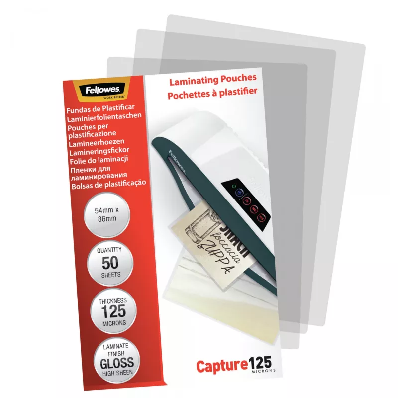 Fellowes blizgios 125 mikronų kortelių laminavimo plėvelės - 54x86mm, blizgios, skaidrios, 0,125 mm, 86 mm, 1 mm, 54 mm