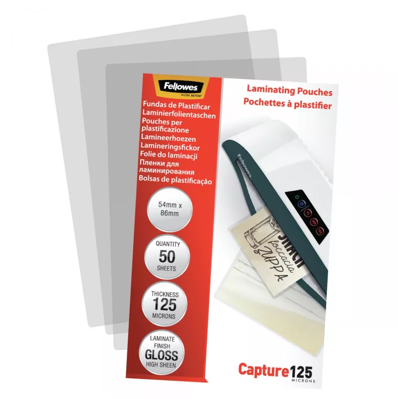 Fellowes blizgios 125 mikronų kortelių laminavimo plėvelės - 54x86mm, blizgios, skaidrios, 0,125 mm, 86 mm, 1 mm, 54 mm